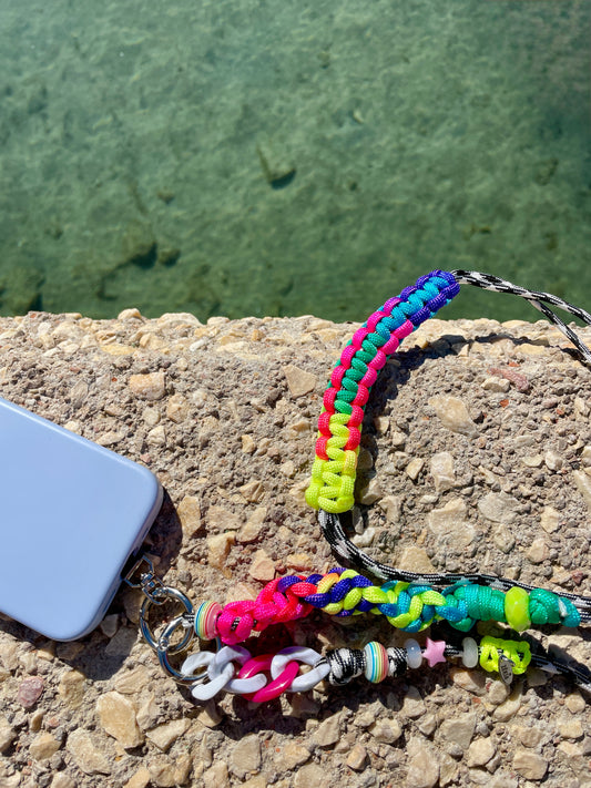 cordon telephone vichy noir et blanc multicolore paracorde longueur ajustable fait main