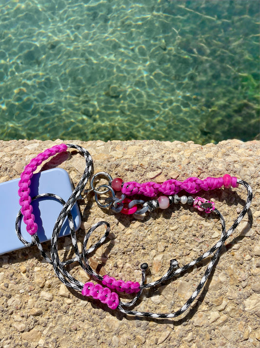 cordon telephone bandouliere vichy noir,blanc rose paracorde longueur ajustable fait main