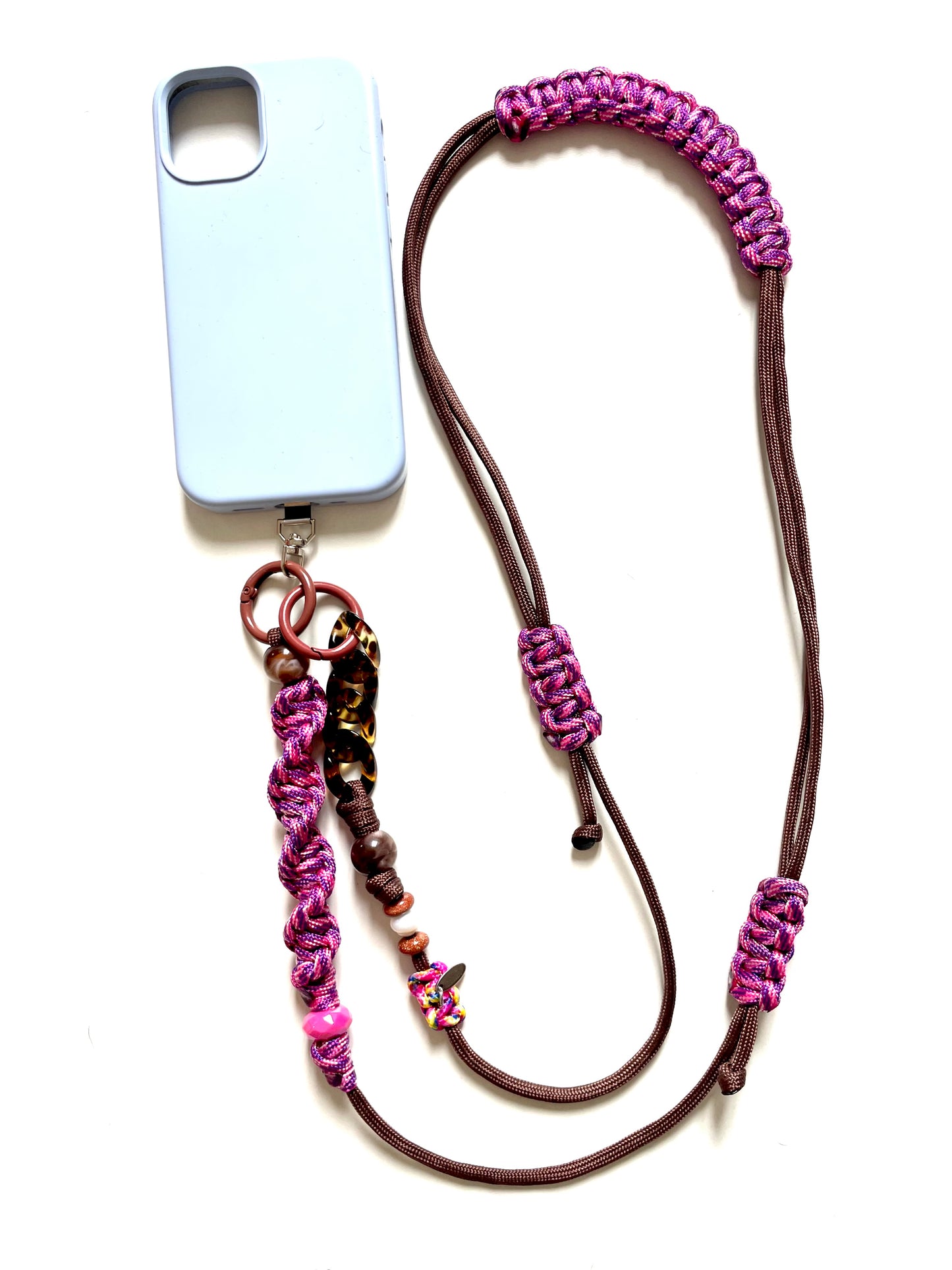 cordon telephone paracorde ajustable solide fait main marron rose