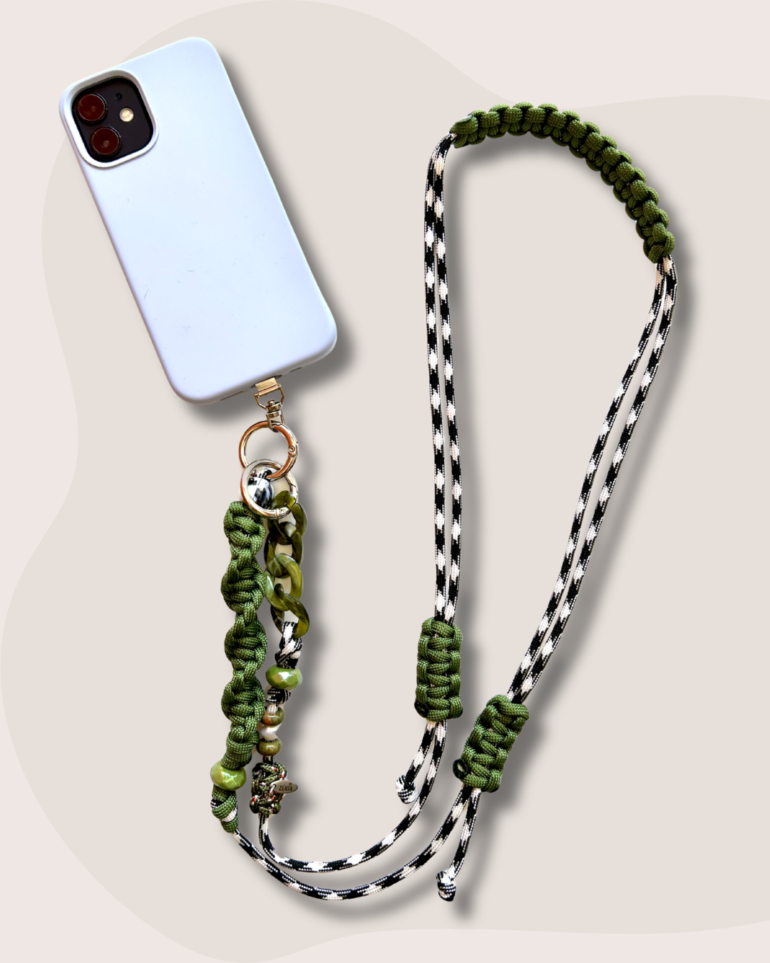 cordon telephone bandouliere vichy noir,blanc vert paracorde longueur ajustable fait main 