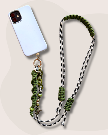 cordon telephone bandouliere vichy noir,blanc vert paracorde longueur ajustable fait main 