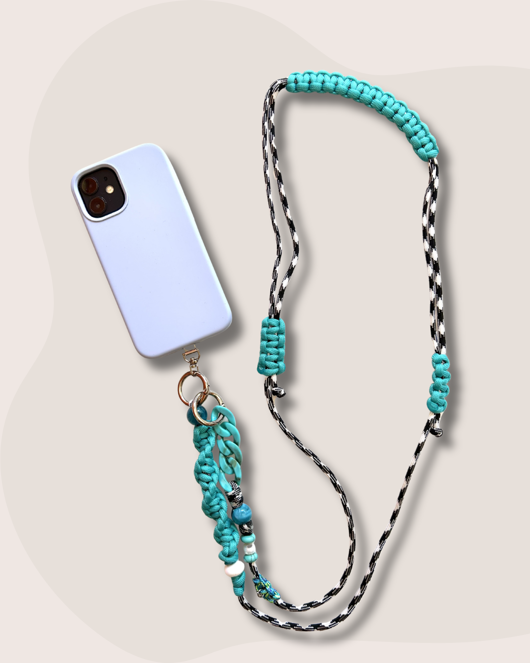 cordon telephone bandouliere vichy noir,blanc bleu paracorde longueur ajustable fait main 