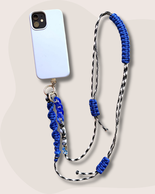 cordon telephone bandouliere vichy noir,blanc bleu paracorde longueur ajustable fait main 