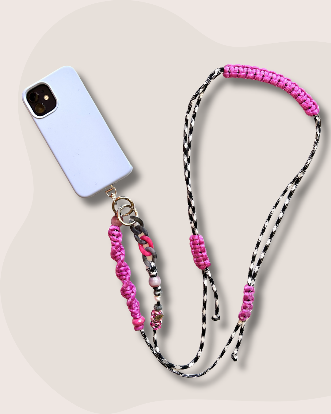 cordon telephone bandouliere vichy noir,blanc rose paracorde longueur ajustable fait main 