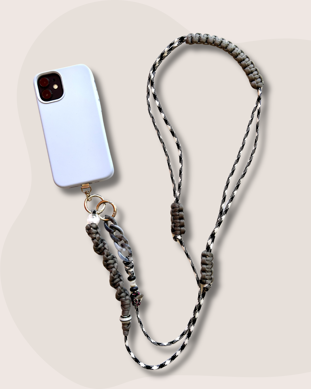 cordon telephone bandouliere vichy noir,blanc gris paracorde longueur ajustable fait main 
