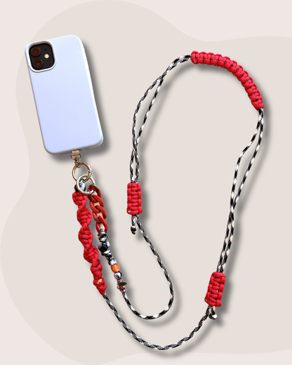 cordon telephone bandouliere vichy noir,blanc rouge paracorde longueur ajustable fait main 
