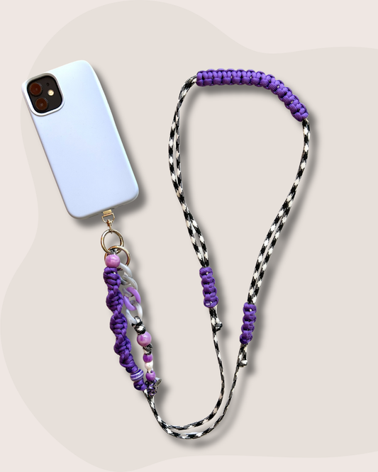 cordon telephone bandouliere vichy noir,blanc violet paracorde longueur ajustable fait main 