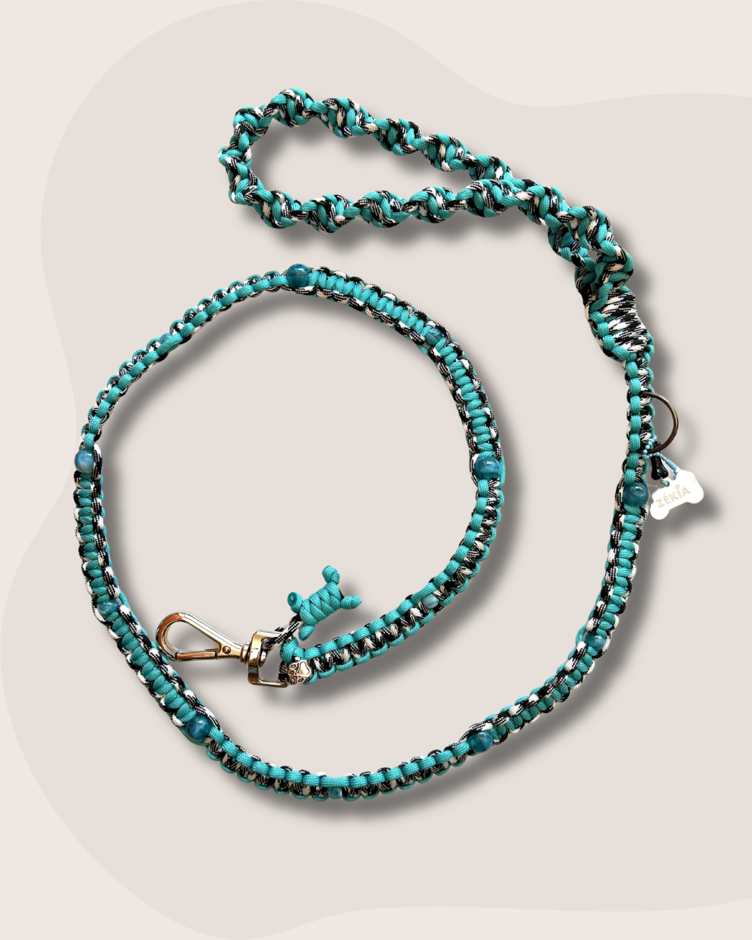 laisse chien balade paracorde fait main vichy noir blanc turquoise 