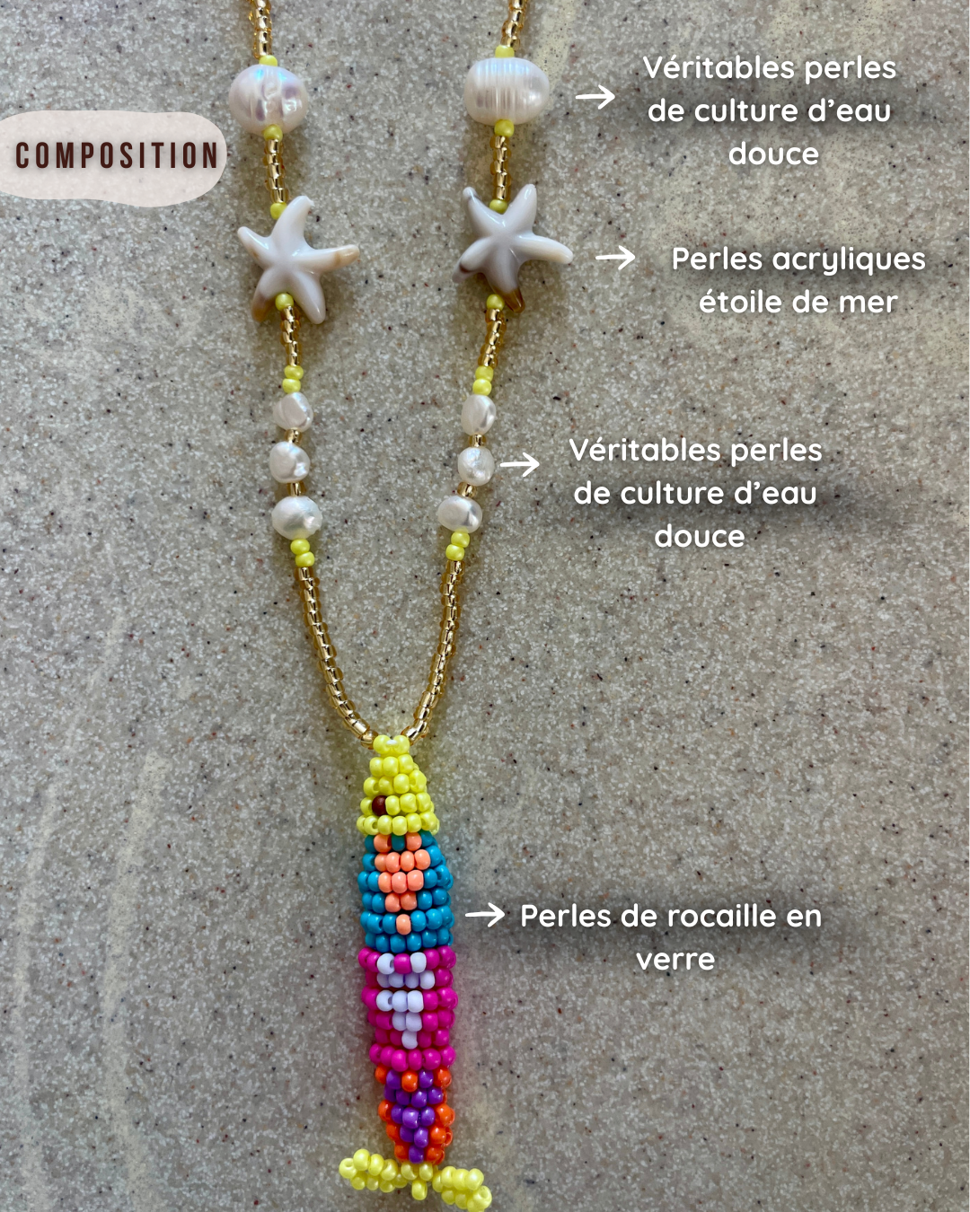 Collier perles - Bande de sardines | Multicolore jaune