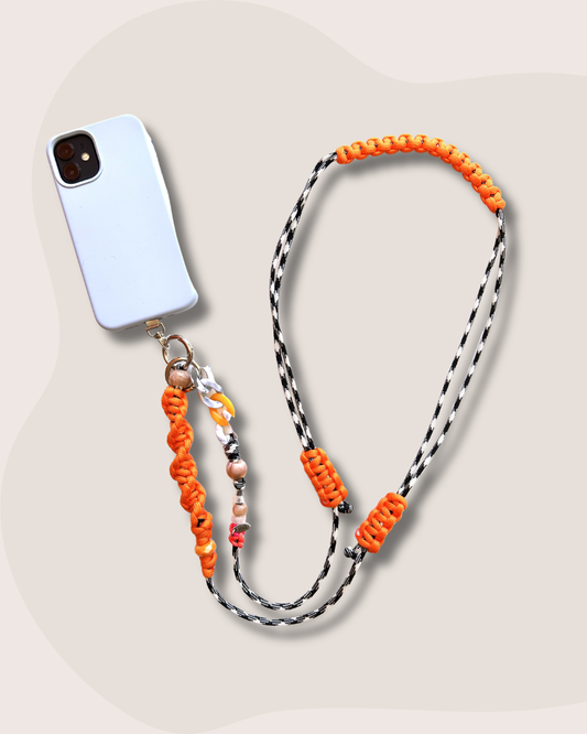 cordon telephone bandouliere vichy noir,blanc orange paracorde longueur ajustable fait main 
