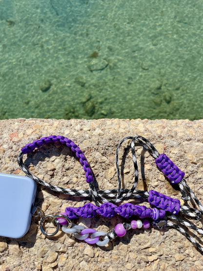 cordon telephone bandouliere vichy noir,blanc violet paracorde longueur ajustable fait main 