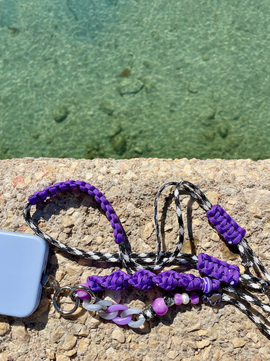 cordon telephone bandouliere vichy noir,blanc violet paracorde longueur ajustable fait main 