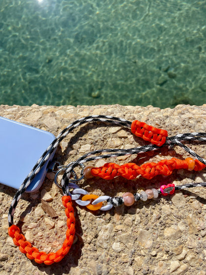 cordon telephone bandouliere vichy noir,blanc orange paracorde longueur ajustable fait main 