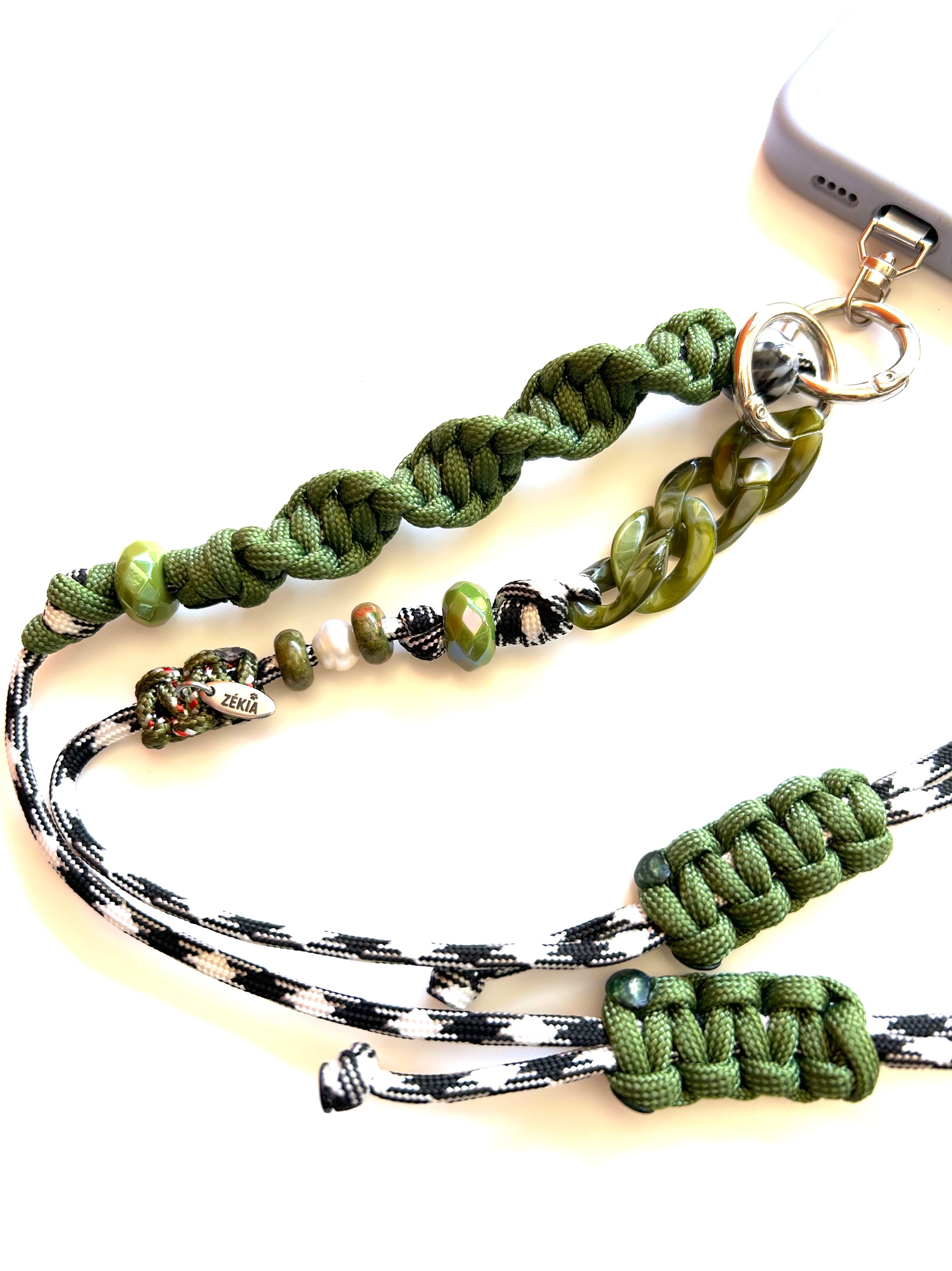 cordon telephone bandouliere vichy noir,blanc vert paracorde longueur ajustable fait main 