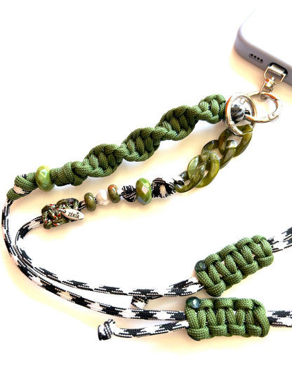 cordon telephone bandouliere vichy noir,blanc vert paracorde longueur ajustable fait main 