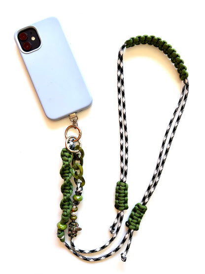 cordon telephone bandouliere vichy noir,blanc vert paracorde longueur ajustable fait main 