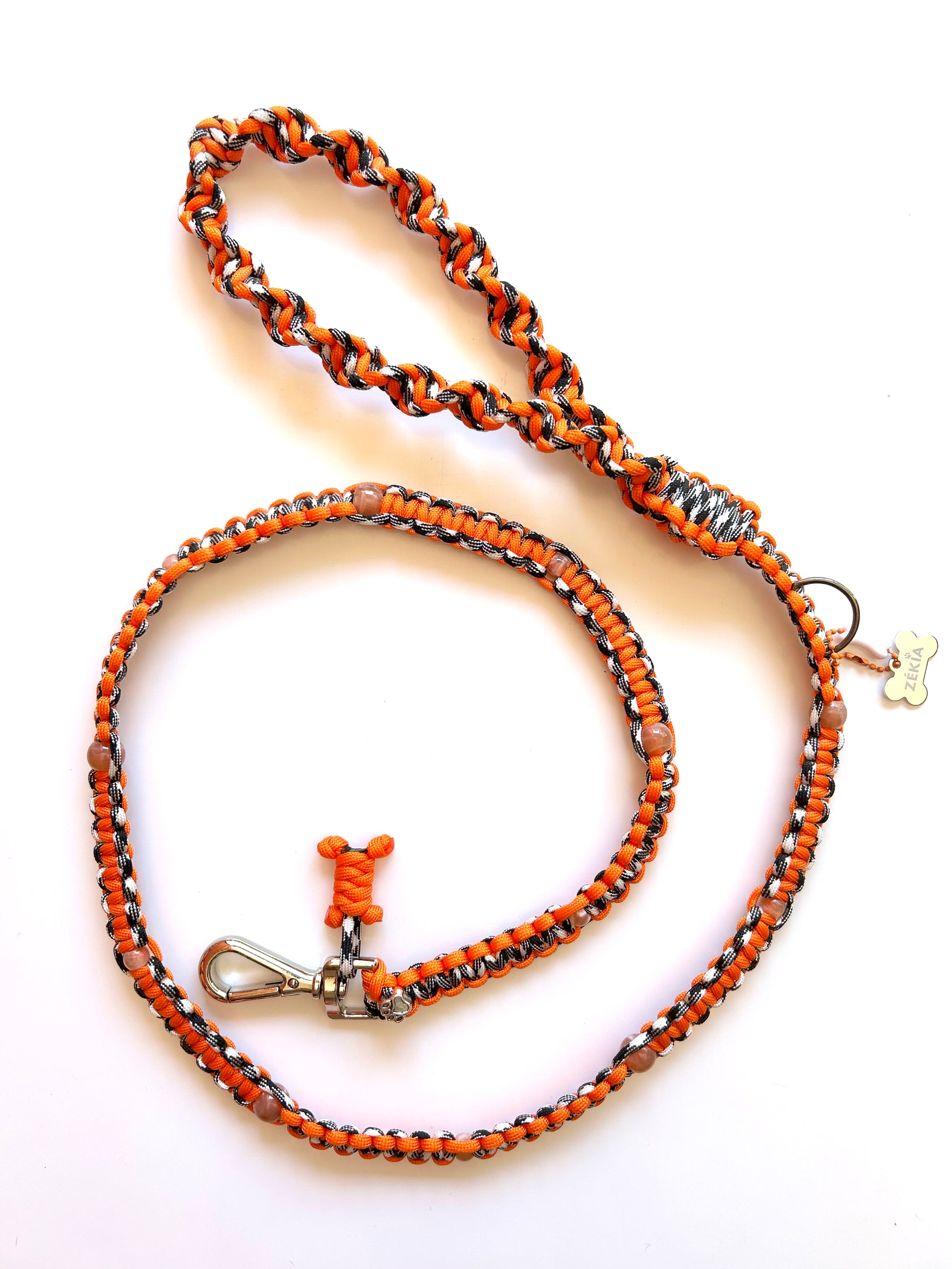 laisse chien balade paracorde solide fait main vichy noir blanc orange