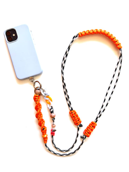 cordon telephone bandouliere vichy noir,blanc orange paracorde longueur ajustable fait main 