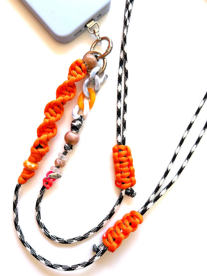 cordon telephone bandouliere vichy noir,blanc orange paracorde longueur ajustable fait main 
