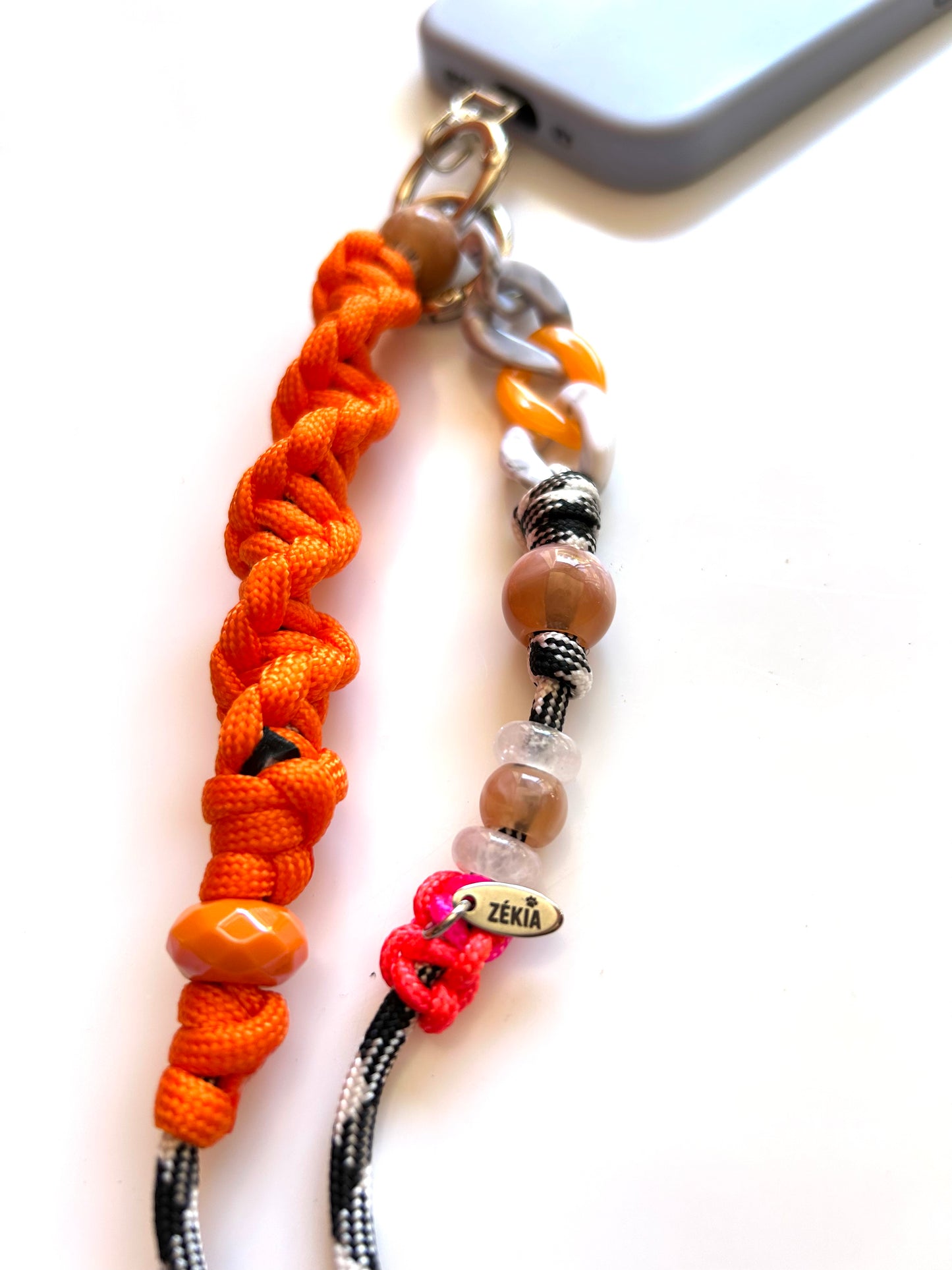 cordon telephone bandouliere vichy noir,blanc orange paracorde longueur ajustable fait main 