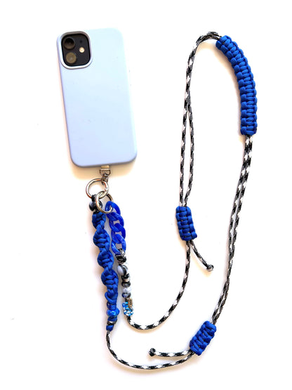 cordon telephone bandouliere vichy noir,blanc violet paracorde longueur ajustable fait main 
