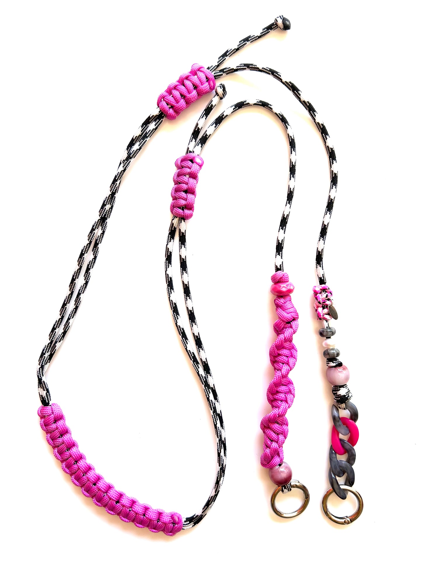 cordon telephone bandouliere vichy noir,blanc rose paracorde longueur ajustable fait main 