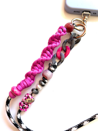cordon telephone bandouliere vichy noir,blanc rose paracorde longueur ajustable fait main 