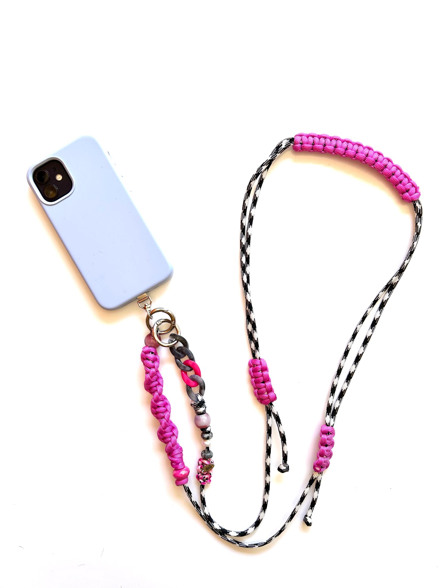 cordon telephone bandouliere vichy noir,blanc rose paracorde longueur ajustable fait main 