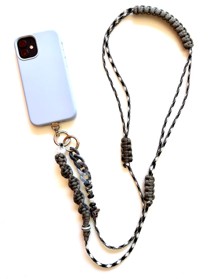 cordon telephone bandouliere vichy noir,blanc gris paracorde longueur ajustable fait main 