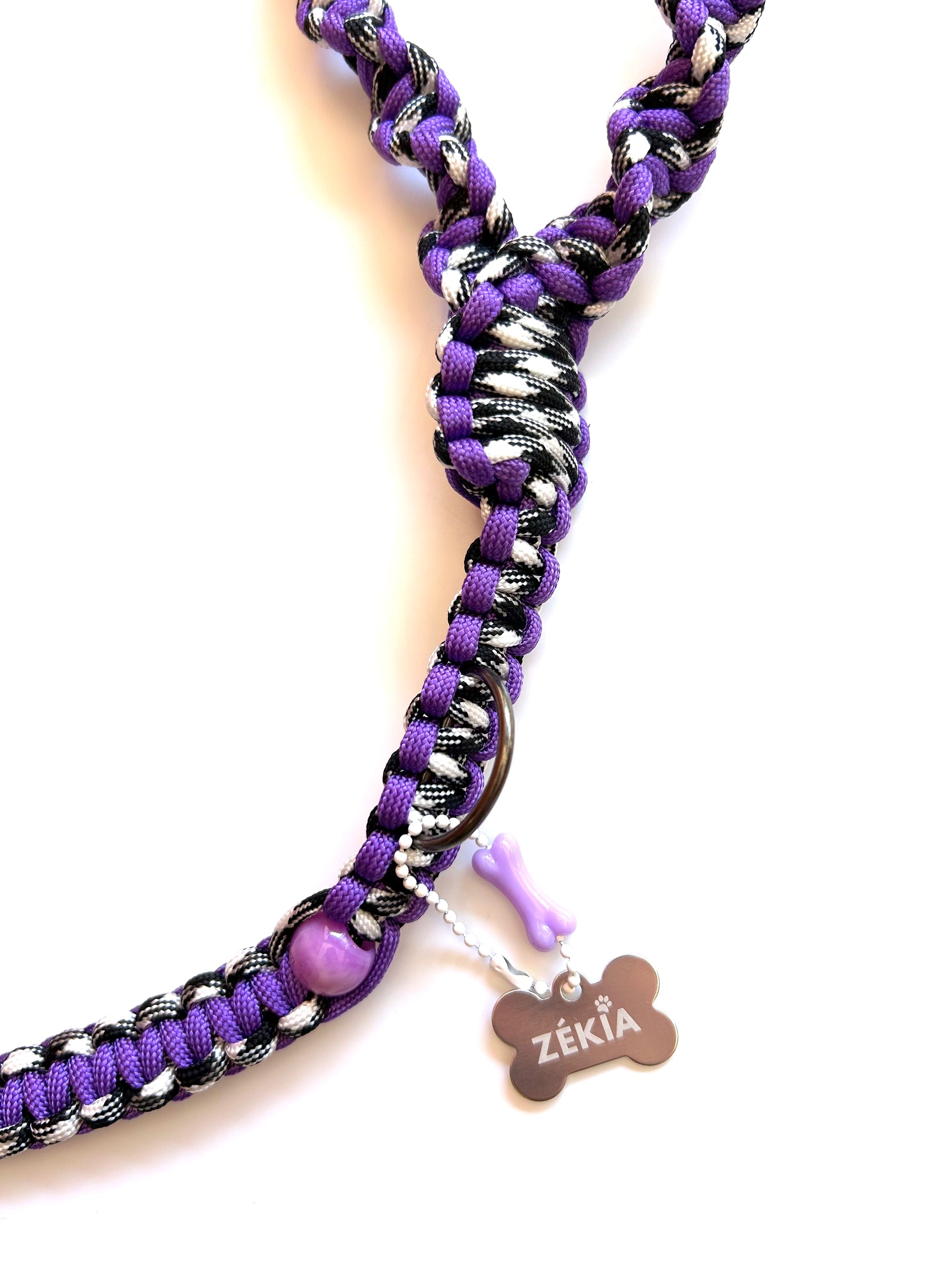 laisse chien balade paracorde solide fait main vichy noir blanc violet