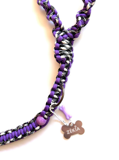laisse chien balade paracorde solide fait main vichy noir blanc violet