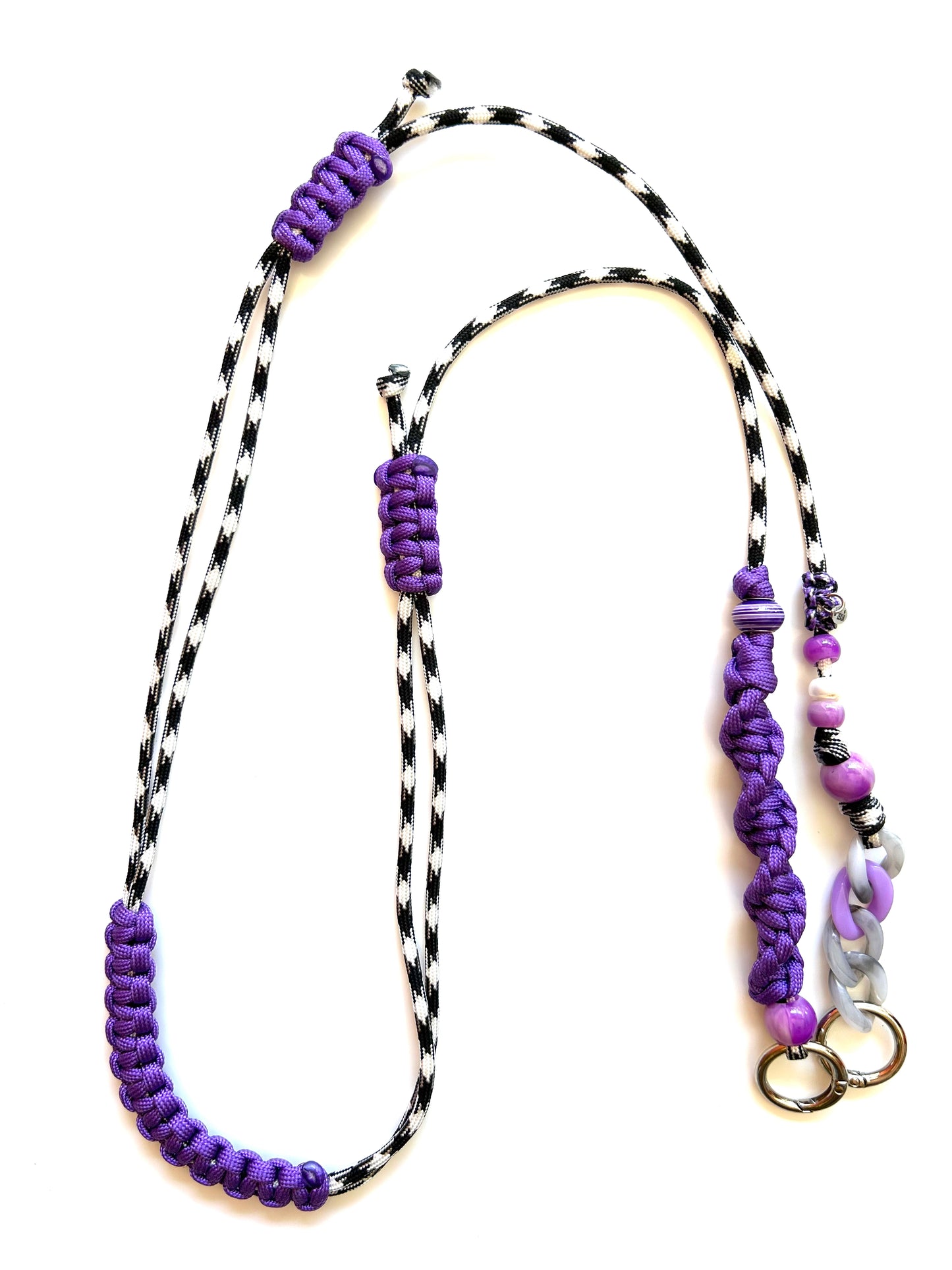 cordon telephone bandouliere vichy noir,blanc violet paracorde longueur ajustable fait main 