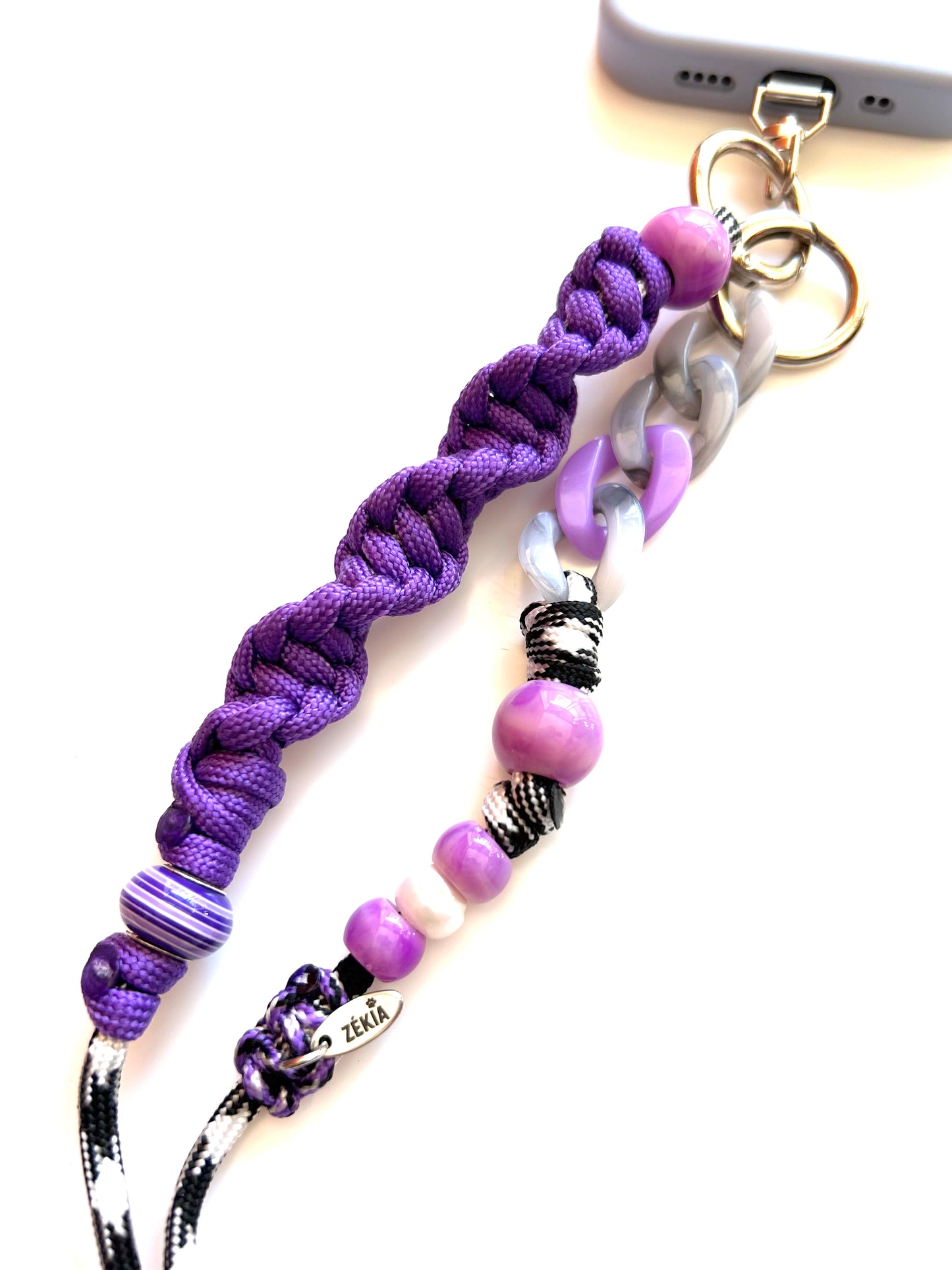 cordon telephone bandouliere vichy noir,blanc violet paracorde longueur ajustable fait main 