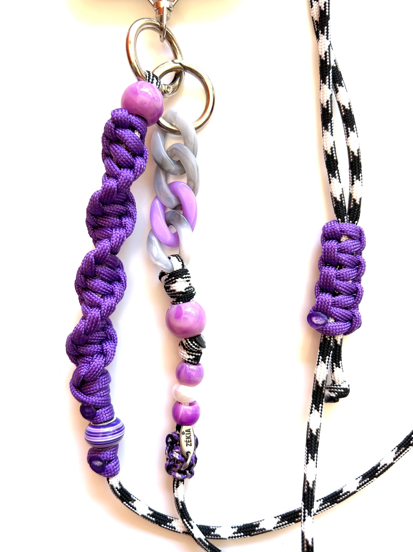 cordon telephone bandouliere vichy noir,blanc violet paracorde longueur ajustable fait main 