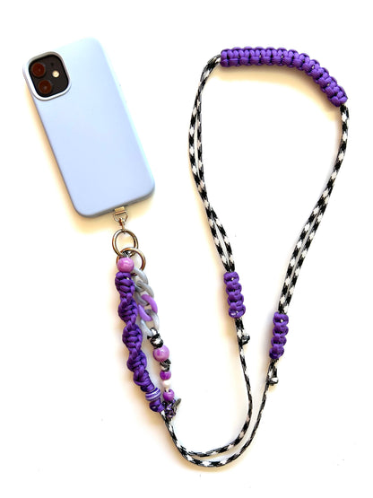 cordon telephone bandouliere vichy noir,blanc violet paracorde longueur ajustable fait main 