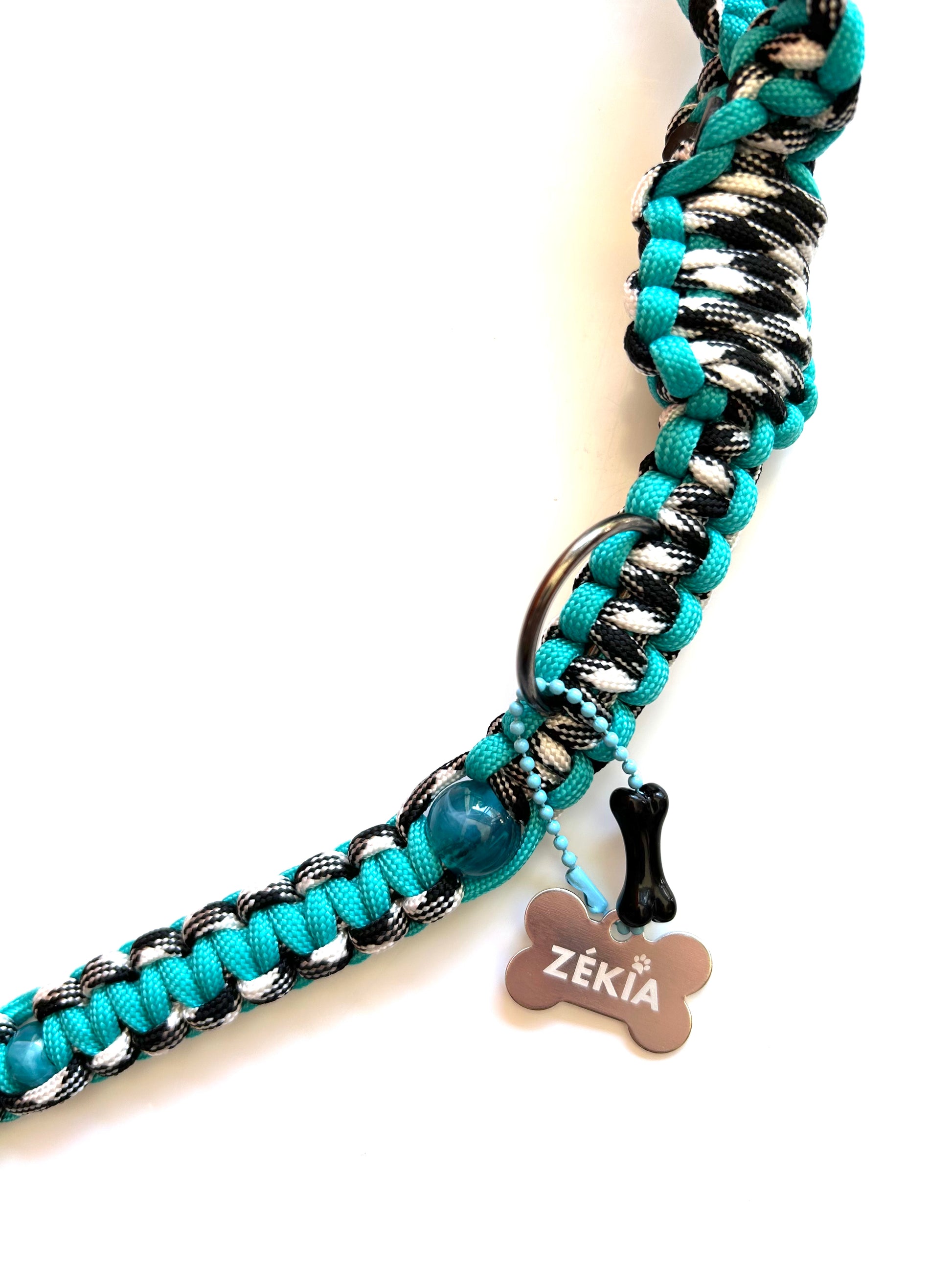 laisse chien balade paracorde fait main vichy noir blanc turquoise 