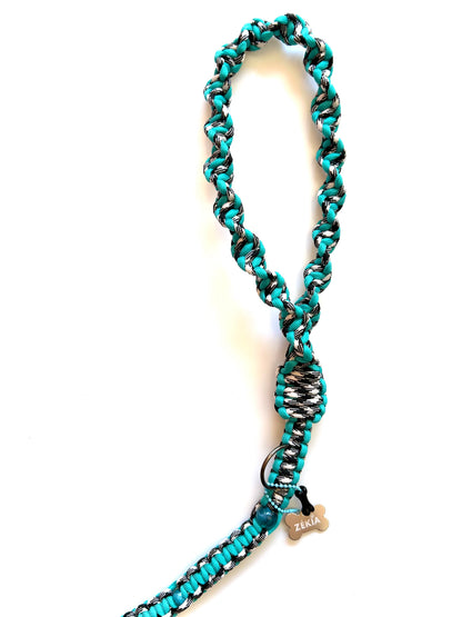 laisse chien balade paracorde fait main vichy noir blanc turquoise 
