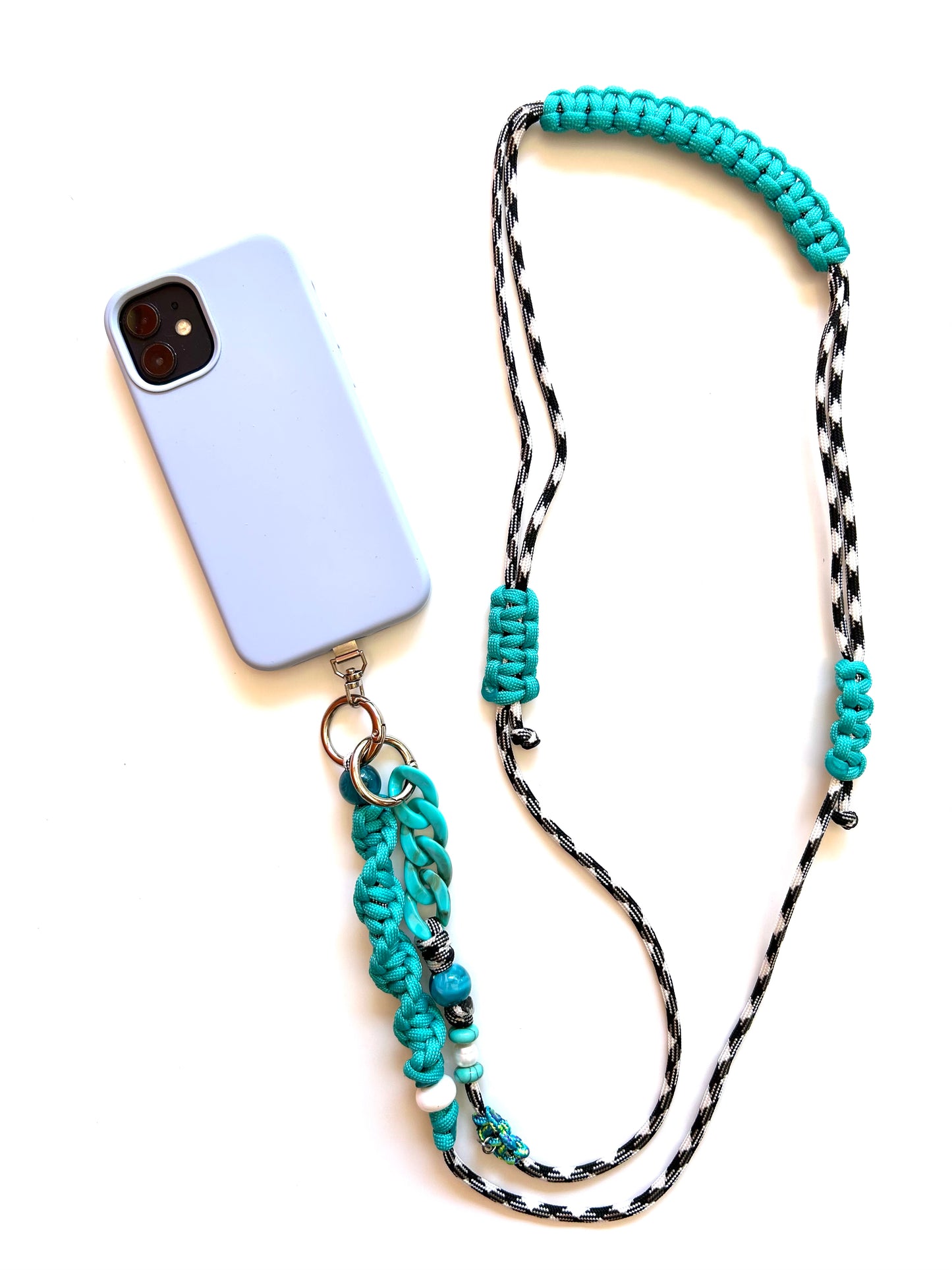 cordon telephone bandouliere vichy noir,blanc bleu paracorde longueur ajustable fait main 