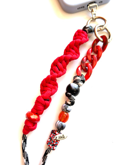 cordon telephone bandouliere vichy noir,blanc rouge paracorde longueur ajustable fait main 