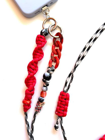 cordon telephone bandouliere vichy noir,blanc rouge paracorde longueur ajustable fait main 