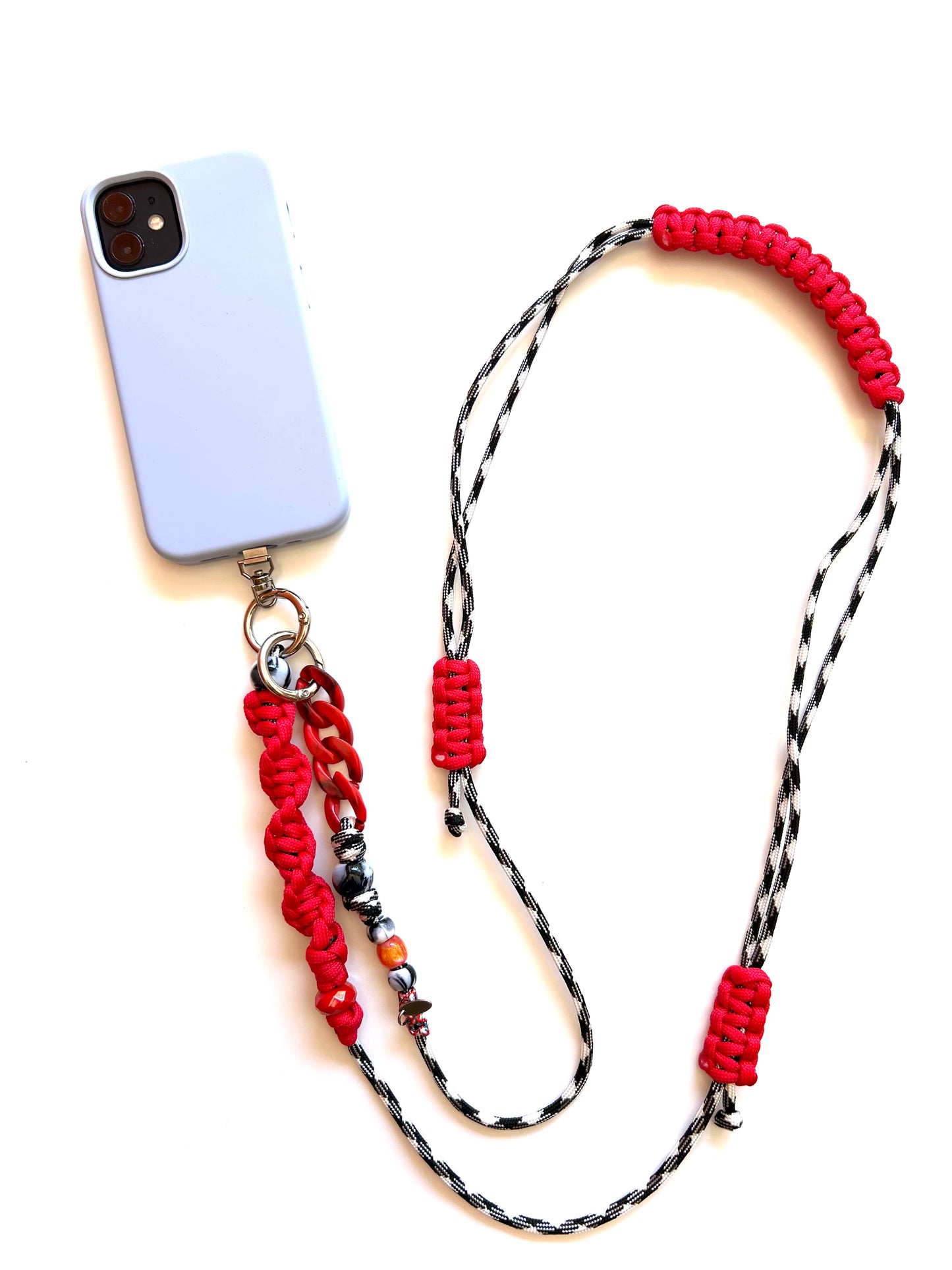 cordon telephone bandouliere vichy noir,blanc rouge paracorde longueur ajustable fait main 