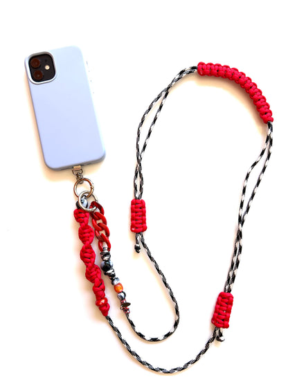 cordon telephone bandouliere vichy noir,blanc rouge paracorde longueur ajustable fait main 