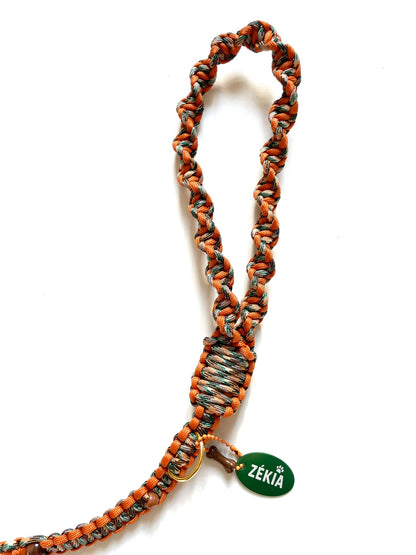 Laisse pour chien en paracorde solide. Couleurs : orange, beige et vert