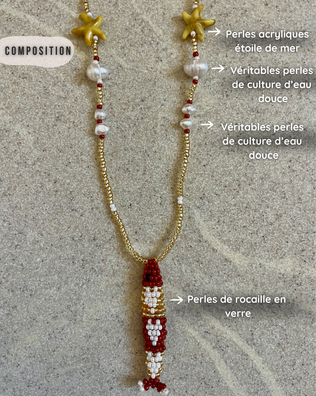 Collier perles - Bande de sardines | Doré terracotta