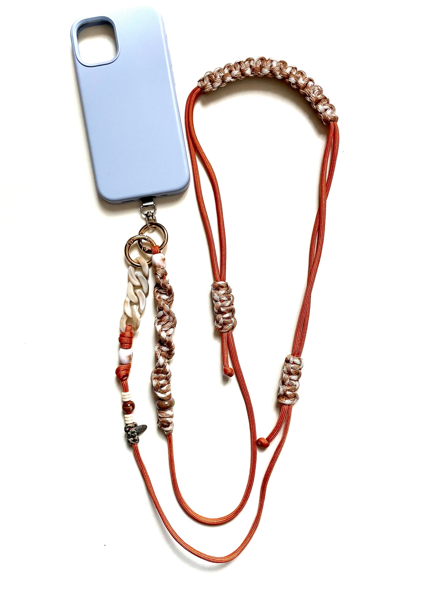 cordon telephone ajustable paracorde accessoire smartphone fait main marseille orange et beige 