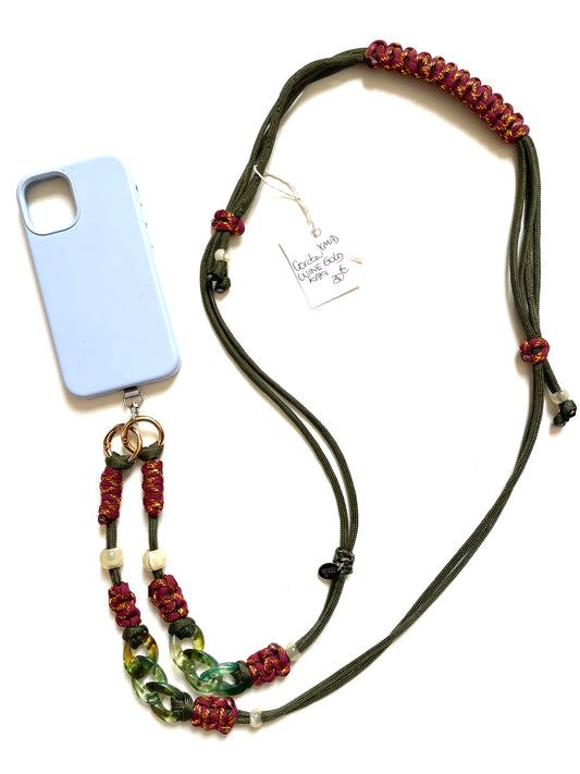 cordon telephone paracorde ajustable couleurs bordeaux dore kaki fait main marseille made in france accessoire bijou idée cadeau lanyard smartphone