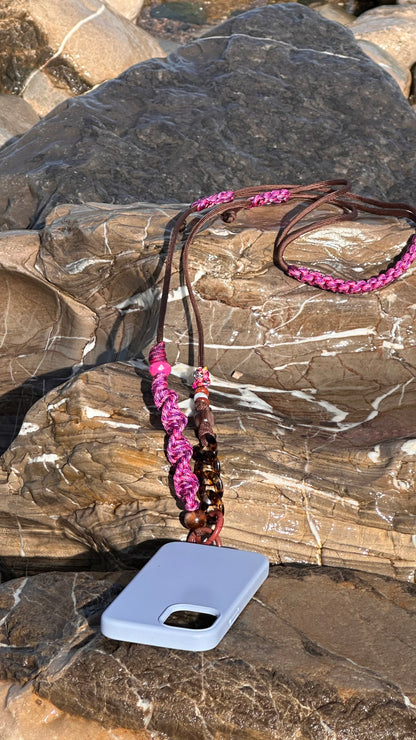 lanière de téléphone paracorde solide marron et rose, longueur ajustable, fait main