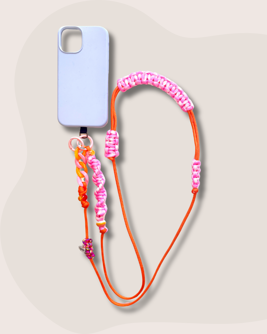 cordon telephone bandouliere paracorde ajustable rose et orange fait main