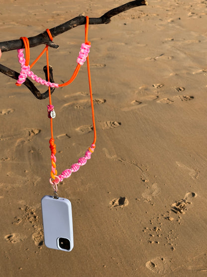 lanière de téléphone en paracorde solide ajustable, rose et orange. Fait main, France