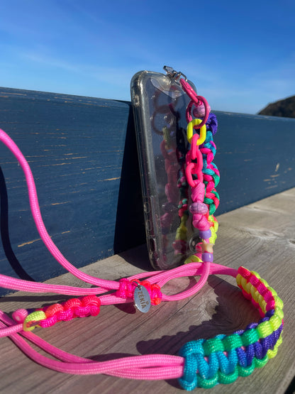 lanière de téléphone bandoulière en paracorde solide ajustable, rose et multicolore, fait main, France